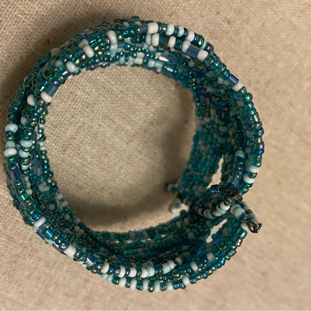 Blue seed bead brained wide cuff bracelet adjustable size coastal - Picture 4 of 6